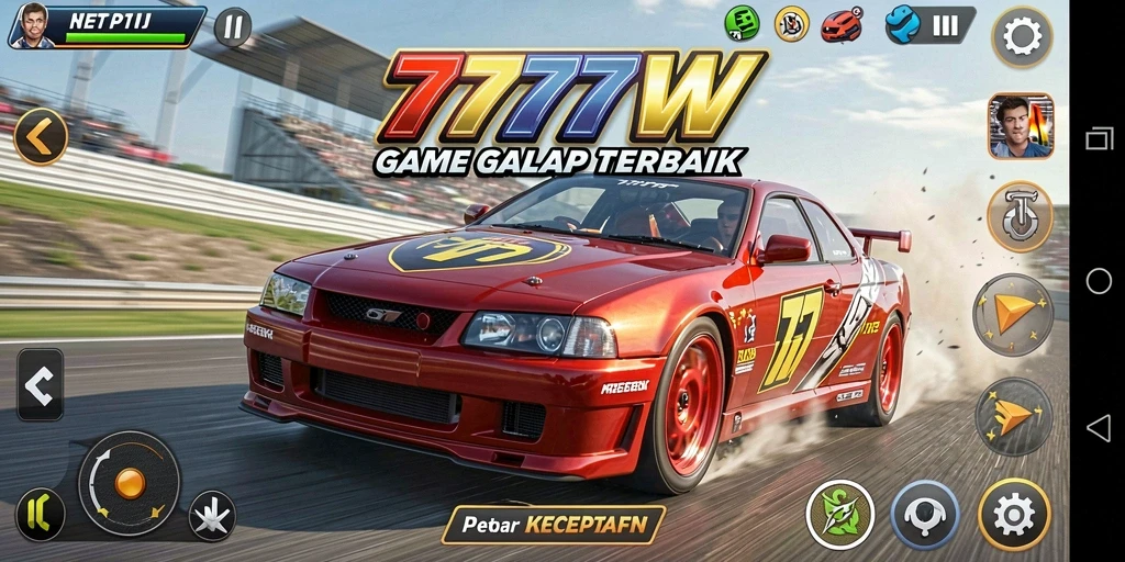 Screenshot utama 7777W menampilkan perlombaan seru dengan grafis yang memukau.