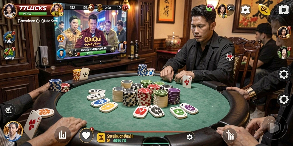Screenshot gameplay QiuQiu menampilkan aksi seru dan kartu.