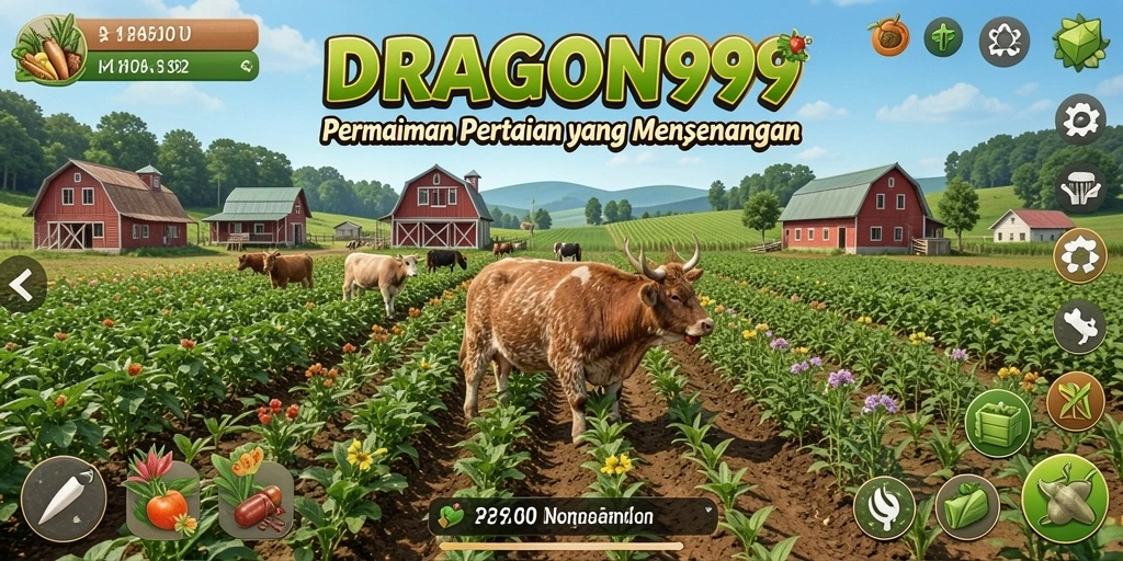 Tampilan gameplay interaktif DRAGON99 dengan ladang yang rimbun dan hewan peliharaan.