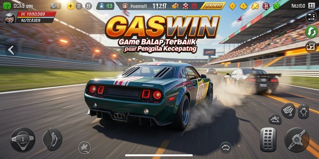 Tampilan balapan seru di GASWIN dengan mobil yang melaju kencang.
