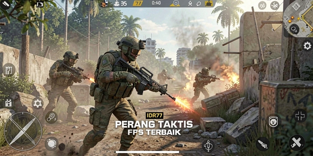 Screenshot gameplay IDR77 menampilkan pertempuran intens di lingkungan perkotaan.