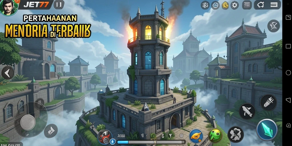 Screenshot gameplay JET77 menampilkan menara pertahanan dan aksi seru.
