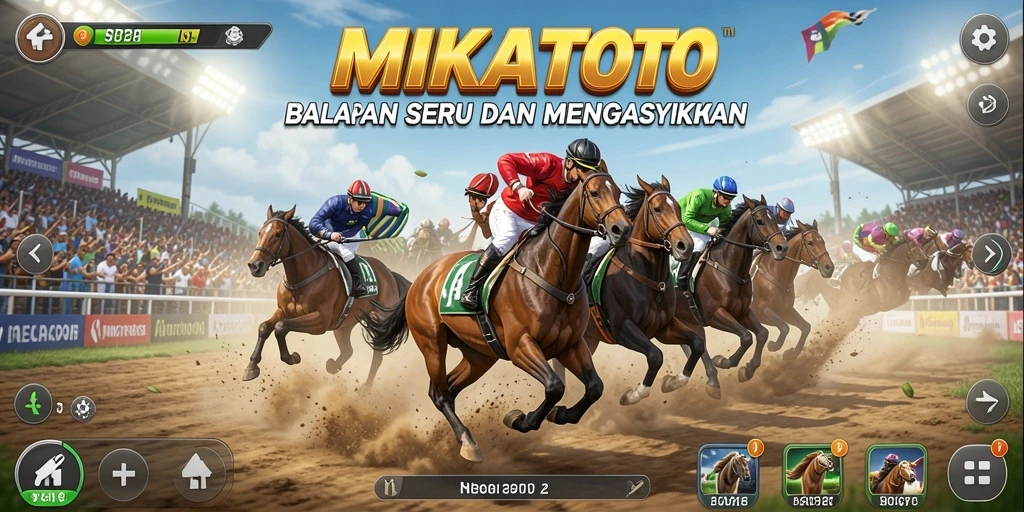Screenshot utama MIKATOTO menunjukkan aksi balapan yang mendebarkan.