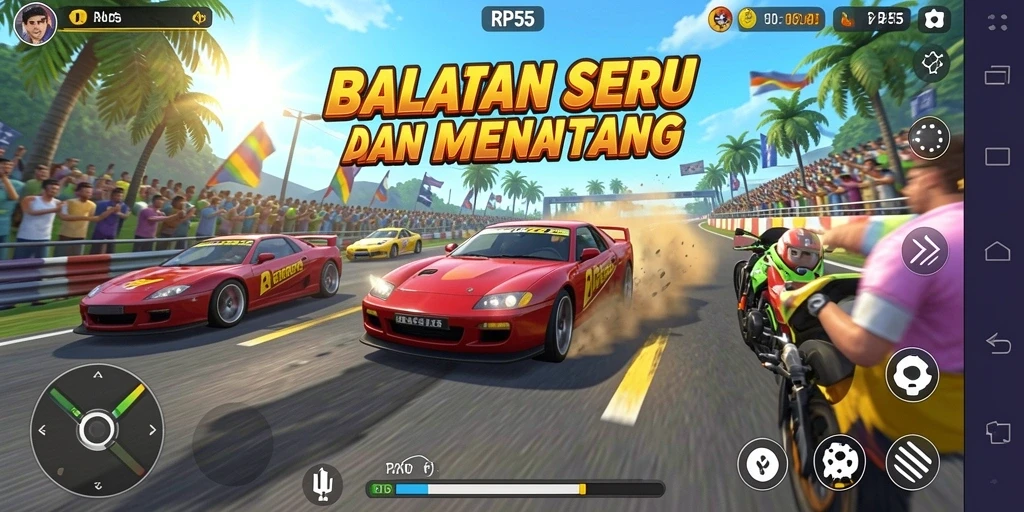 Screenshot gameplay RP55 yang menampilkan aksi balapan mendebarkan.