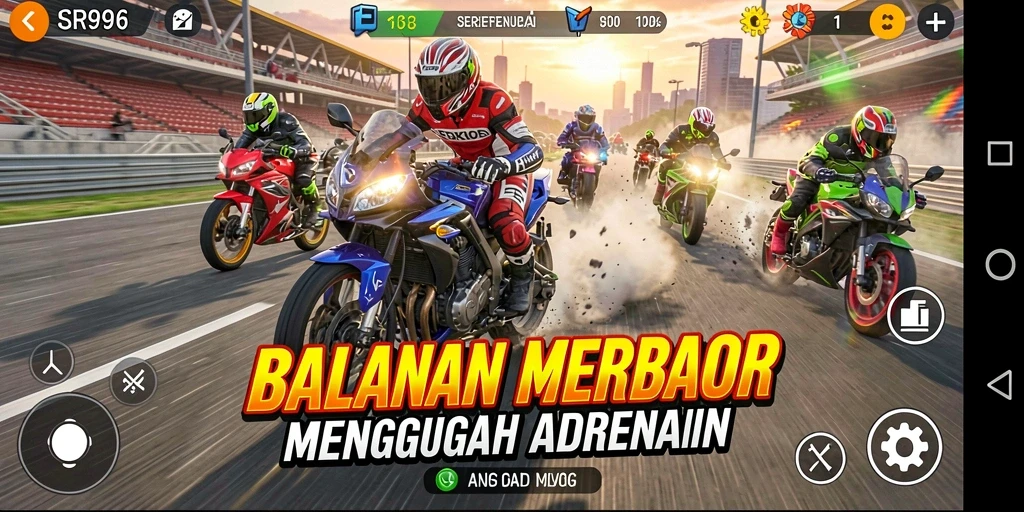 Gameplay menegangkan balapan motor di lintasan cepat.