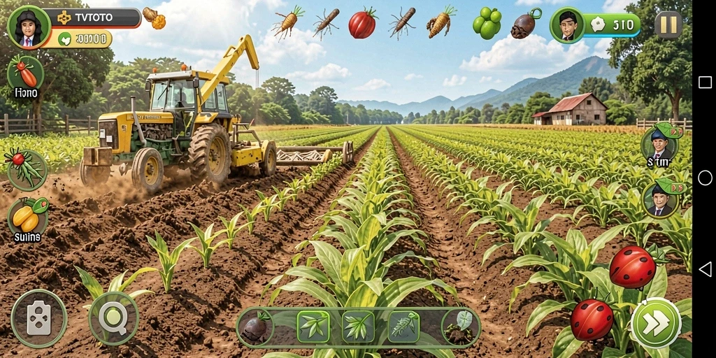 Tangkapan layar gameplay <strong>TVTOTO</strong> menampilkan kebun yang subur dan hewan peliharaan yang bahagia.