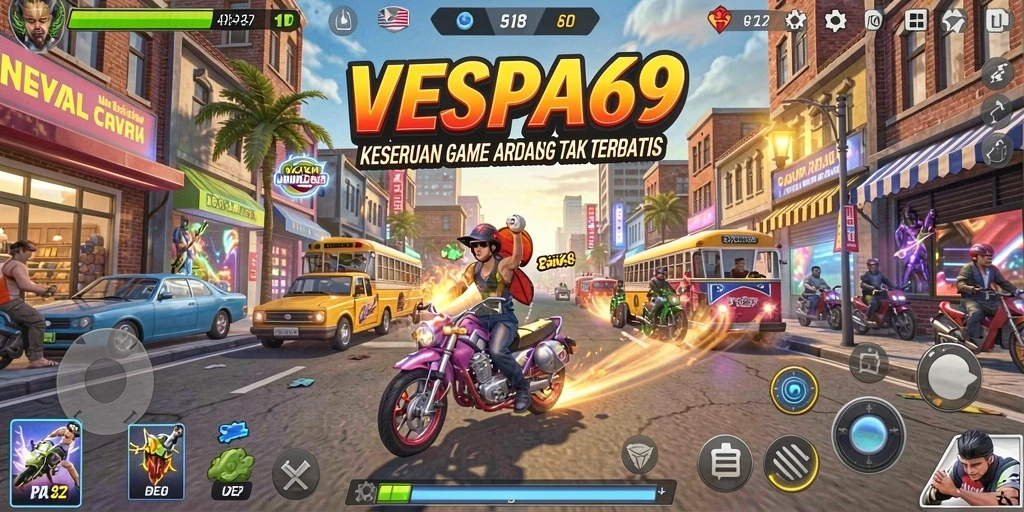 Tampilan gameplay VESPA69 yang menegangkan dan penuh warna.