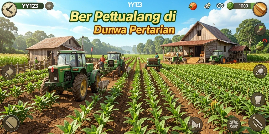 Gameplay YY123 yang menampilkan kebun dan peternakan yang luas.
